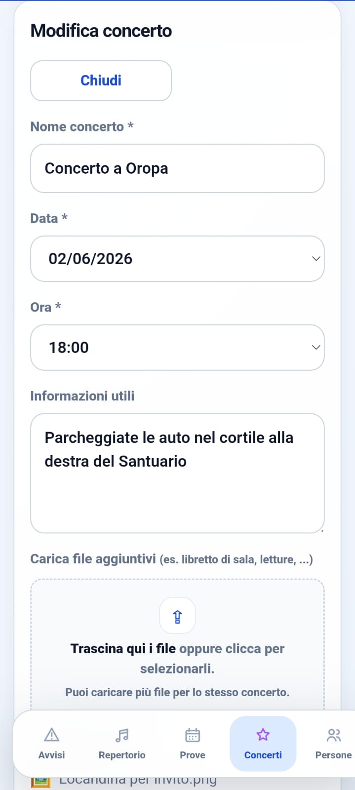 Organizza il materiale per i concerti · vista mobile · schermata 1