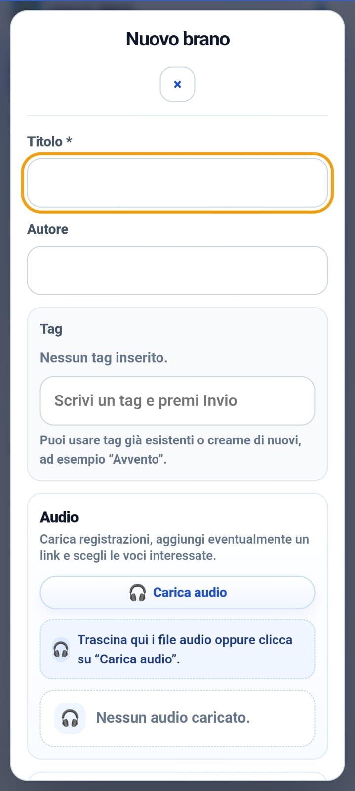 Organizza i brani del repertorio · vista mobile · schermata 1
